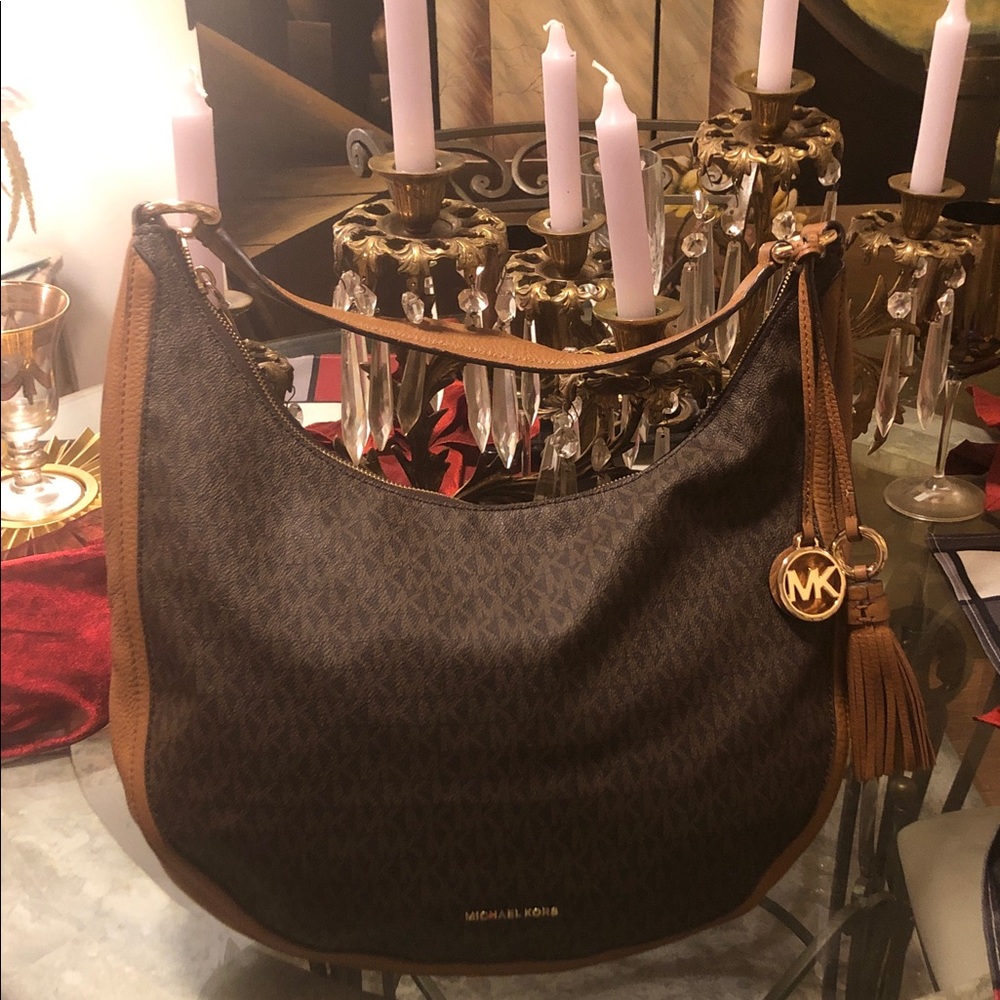 Michael Kors Brown Signature Hobo Shoulder Bag with Tan Trim